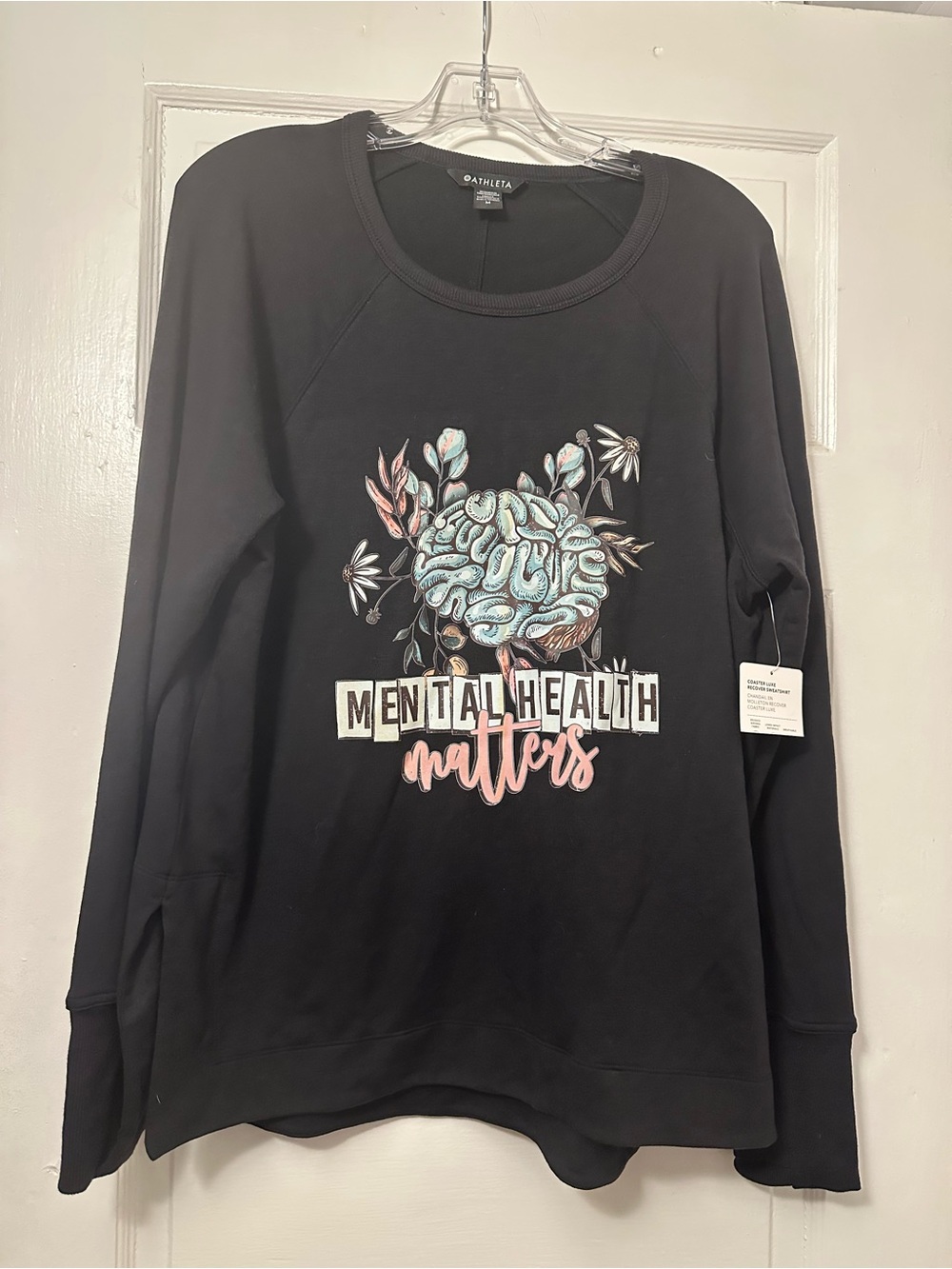 Athleta Black Crewneck with Pastel Mental Health Graphic